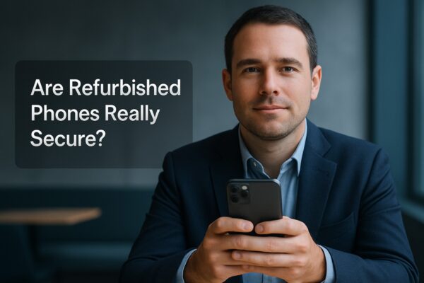 Confident man holding a smartphone with overlay text reading “Are Refurbished Phones Really Secure?” in a modern indoor setting