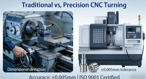 Comparison diagram between traditional manual lathe and modern CNC turning, highlighting accuracy differences and ISO certification.
