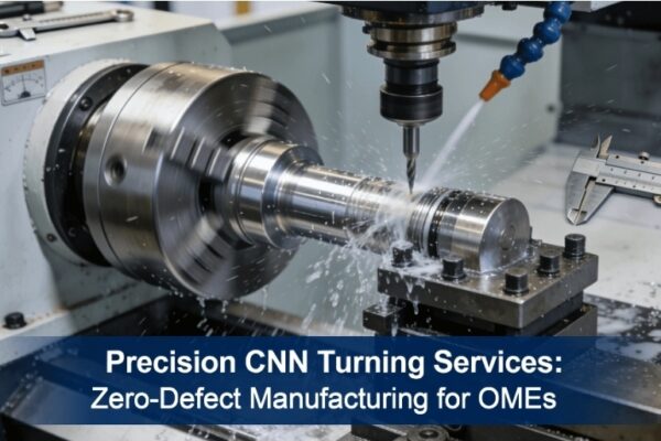 High-precision CNC lathe machining a metal component in an industrial setting, emphasizing zero-defect manufacturing for OEMs.