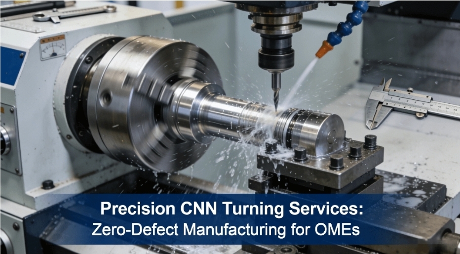 High-precision CNC lathe machining a metal component in an industrial setting, emphasizing zero-defect manufacturing for OEMs.