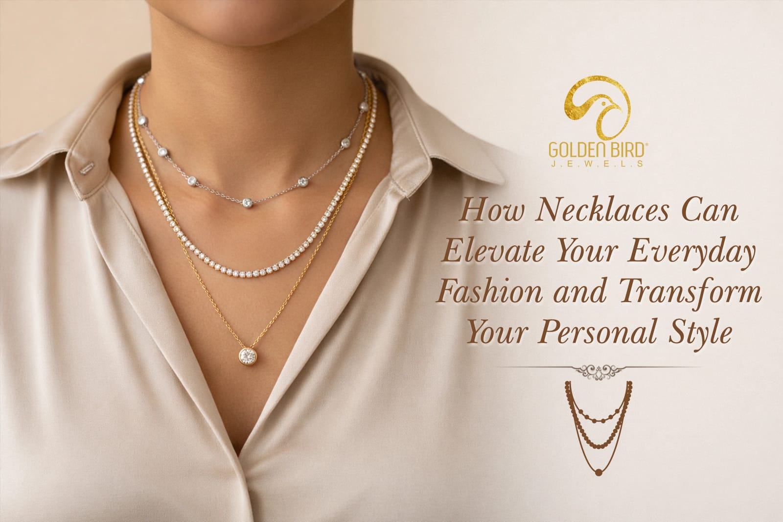 Layered everyday necklaces with tennis chain and pendant styling by Golden Bird Jewels