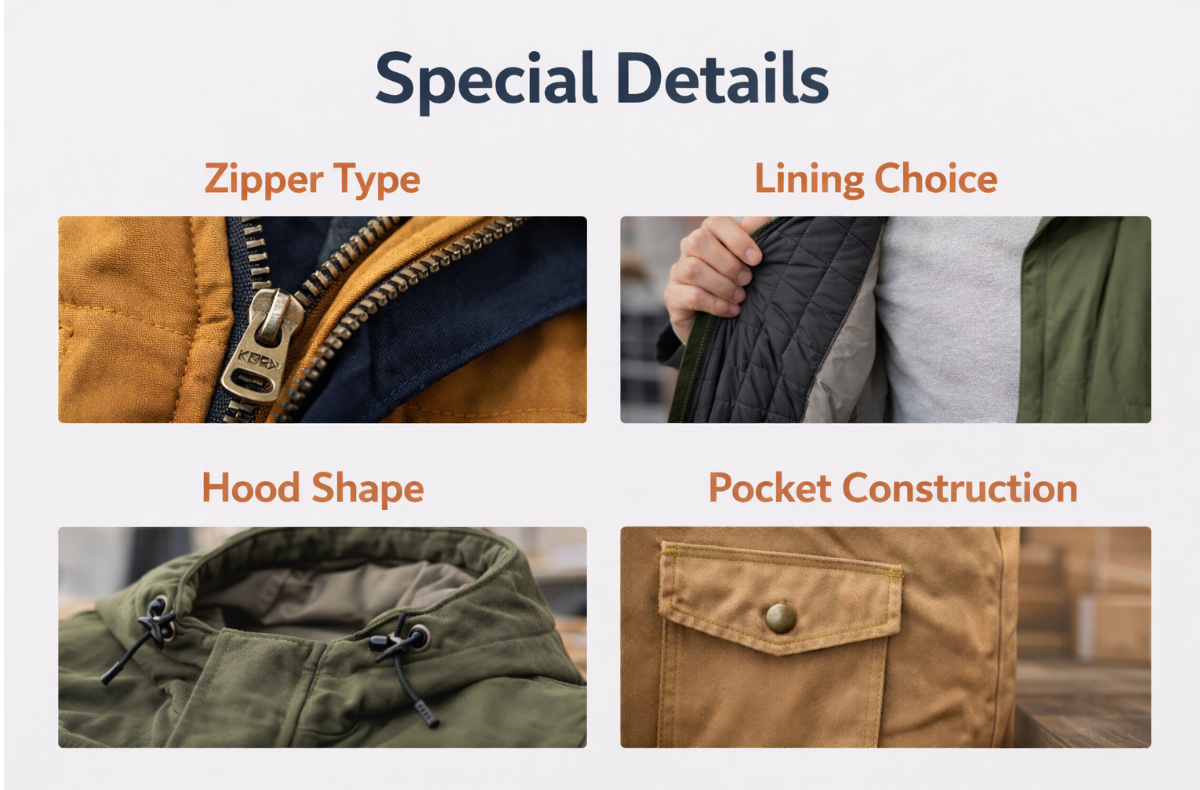 Special details like zipper type, lining choice, hood shape, and pocket construction 